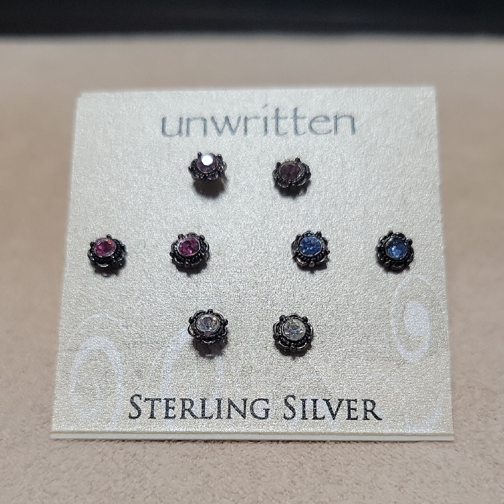 Unwritten Sterling Silver Floral Stud Earrings - Pink, Blue, White